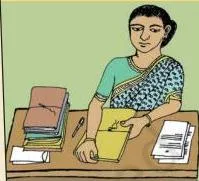 Photograph of Kanta at work in an office, illustrating the regular employment and formal conditions of the organised sector