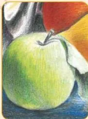 A colour swatch built from parallel lines of colour pencil showing how hatching builds tone