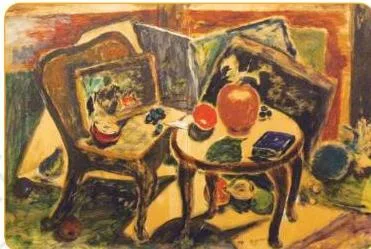 Paul Cezanne's 1890 still life painting of apples and a pot of primroses showing his arrangement and brushwork