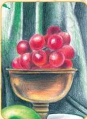 A colour swatch built from dots of oil pastel showing how stippling builds tone with a soft medium