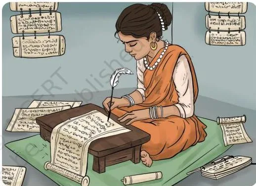 Opening illustration beside the line 'Let us listen to her—' where Kathanjali begins the Story of India's Class 7 storytelling chapter.