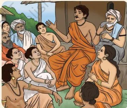Illustration beside the line 'This went on for hundreds of years' standing for the oral phase of storytelling before pictures, music, dance and puppets were added.