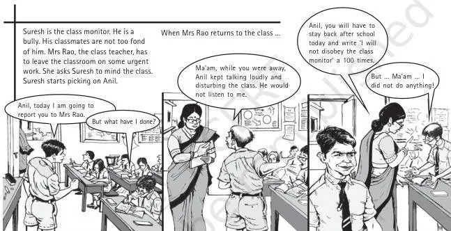 Classroom scene of a class monitor picking on a fellow student, illustrating the misuse of power by a leader