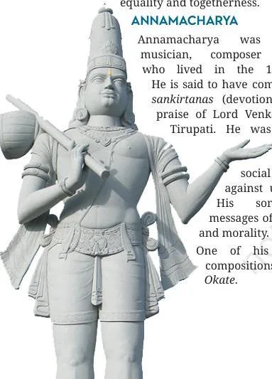 An image of the Telugu composer-saint Annamacharya beside his well-known composition Brahmam Okate, which teaches that God is one for all beings