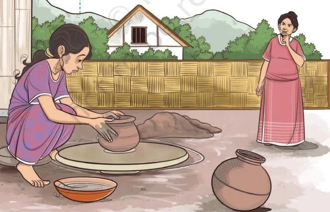 The dormitory scene in The Pot Maker, Class 9 English: a young woman shapes a clay pot while a kind older woman watches, the moment Onula offers to teach her