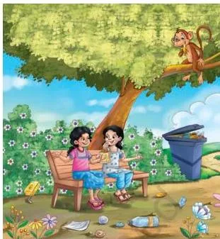 Just then, the monkey climbed down the tree with the banana peel.