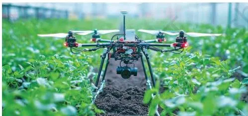 A drone being used to assess soil moisture in a greenhouse.