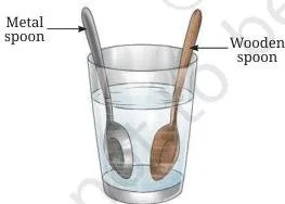 Metal and wooden spoons immersed in hot water