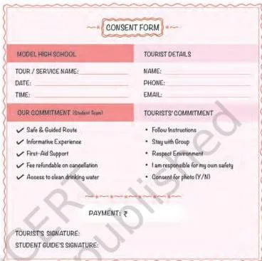 A sample consent form for a guided walk, with sections for what is provided, safety expectations, charges and photo consent