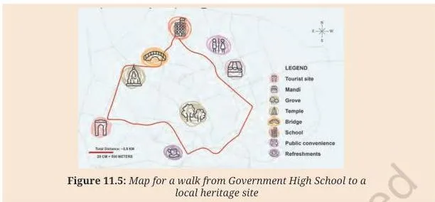 A route map for a walk from Government High School to a local heritage site, with refreshment, clean water and toilet points marked