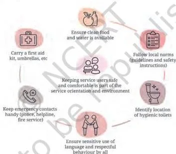 Safety points for a school tourism service, shown as a poster of reminders to follow while providing the service