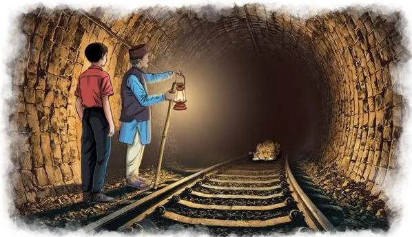 Sunder Singh raising his oil lamp and advancing deep into the dark tunnel, shouting to scare the leopard out