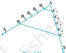 Similarly, on ray AY, mark points $C_1, C_2, C_3, C_4$ and C such that $AC_1 = C_1C_2 = C_2C_3 = C_3C_4 = C_4C$. Then join $B_1C_1$ and BC (see Fig. 6.11).