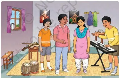 Three bandmates gathered around Shruti in the rehearsal room as Avinash speaks the line revealing she still has not told her father about the concert