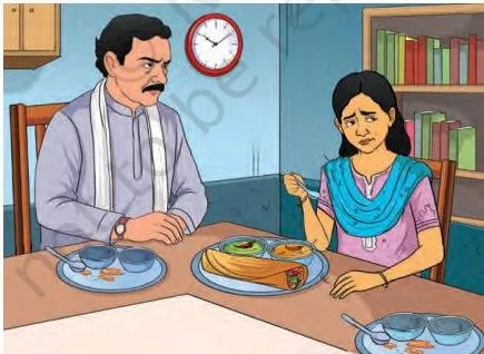 Shruti at the dinner table with her parents, hesitant as she begins her halting confession about the concert