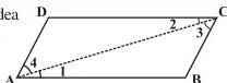 Parallelogram ABCD with diagonal AC drawn, splitting it into two triangles whose ASA congruence proves opposite sides equal
