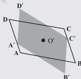 Parallelogram ABCD with a tracing copy pinned at the diagonal intersection, ready to rotate 180 degrees onto the original