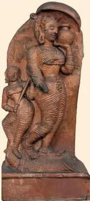 Two artworks from Activity 15.3 — a terracotta Ganga sculpture and the etching Devi by Jyoti Bhatt — to analyse using the principles of design
