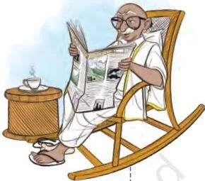 An elderly grandfather sits in a rocking chair with a newspaper held close to his face, the frail figure with a sharp mind at the centre of the Vitamin-M Class 9 story