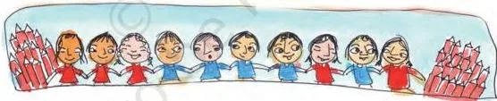 Happy children celebrating Children's Day, the scene for the pencil-sharing division problem