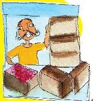 A shopkeeper with 50 boxes of 48 fruits, with the best story problem ticked and two unanswerable questions crossed out