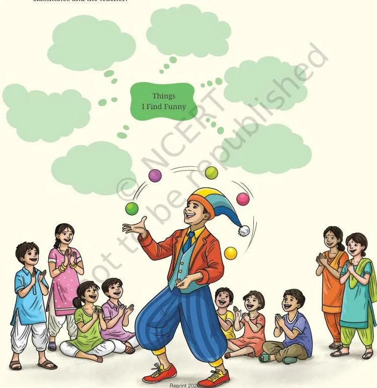 Empty speech bubbles around a boy, inviting the reader to fill in what makes them laugh before reading the poem