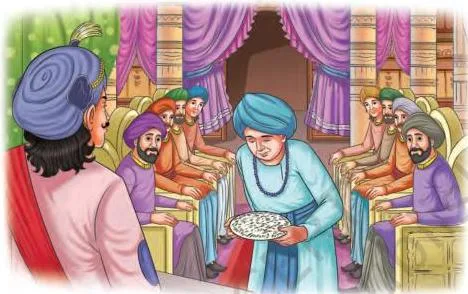 The royal court of Krishnadeva Raya deep in discussion about paddy cultivation, with ministers gathered and a plate of seeds at the centre