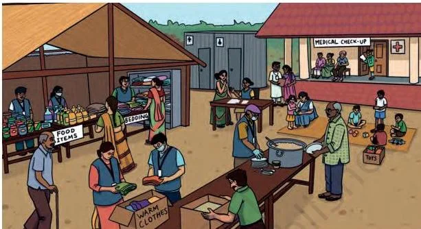 Separate tables for grocery, clothing, bedding and toys in a flood relief camp, showing a service planned around what displaced people actually need