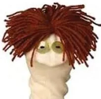 Sock puppets with wool stitched on as hair, designed to be worn over the hand so the fingers move the mouth