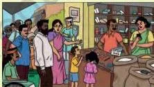 Two views of the same grocer's shop — one orderly with clear paths and a queue at the counter, the other crowded and cluttered, comparing smooth and confused service
