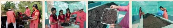 Students making vermicompost, layering agro waste and cow dung in a compost bed to produce organic fertiliser