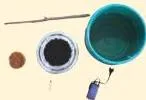 Steps for making compost tea, with compost in a muslin cloth brewing in a bucket of water with jaggery and an aerator, the liquid manure for hydroponics