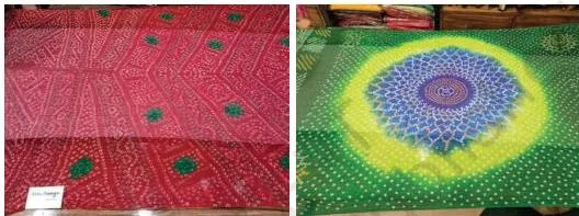 Small tied points and spirals repeating across light cloth create the intricate dotted Bandhani designs made by resist dyeing