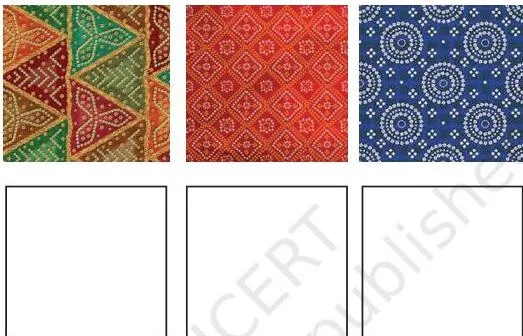 Several rows of Bandhani fabric samples, each repeating the same small dotted motif, showing how a pattern repeats across a piece