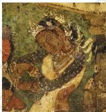 Dotted cloth draped over the woman's upper body is believed to be Bandhani