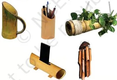 Finished products made from bamboo arranged together, showing what the culm becomes after cutting, smoothing and joining