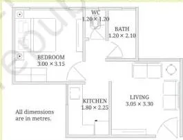 Floor plan of a house showing room layouts, the kitchen with its dimension lines, and symbols for windows and doors.