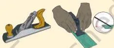 A plane sliding across a wooden board and shaving off a thin strip, smoothing the surface and levelling high spots