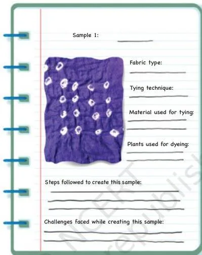 A swatch file page holding a small dyed fabric sample beside notes on fabric type, technique, dye and challenges