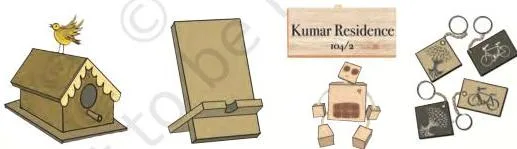 Small wooden items a student can make — a bird house, mobile phone holder, nameplate, wooden toy and keychains