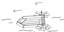 Steps for making a propeller boat with ice cream sticks, bottle caps and a rubber band, showing a propeller pushing through water