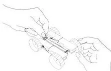 Steps for making a rubber band car from bottle caps, straws and clothes clips, showing two sets of wheel and axle