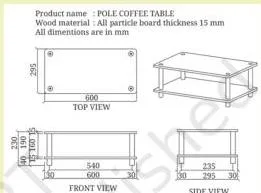 Technical drawing of a table with dimension lines marking total length, breadth, the top's size and the distance between legs.