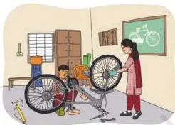 Students working on a bicycle to keep it in good working condition, checking and fixing its parts