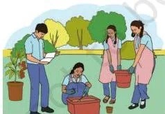 A student wearing gloves working safely in the garden, showing the chapter's precautions for lifting pots and using tools
